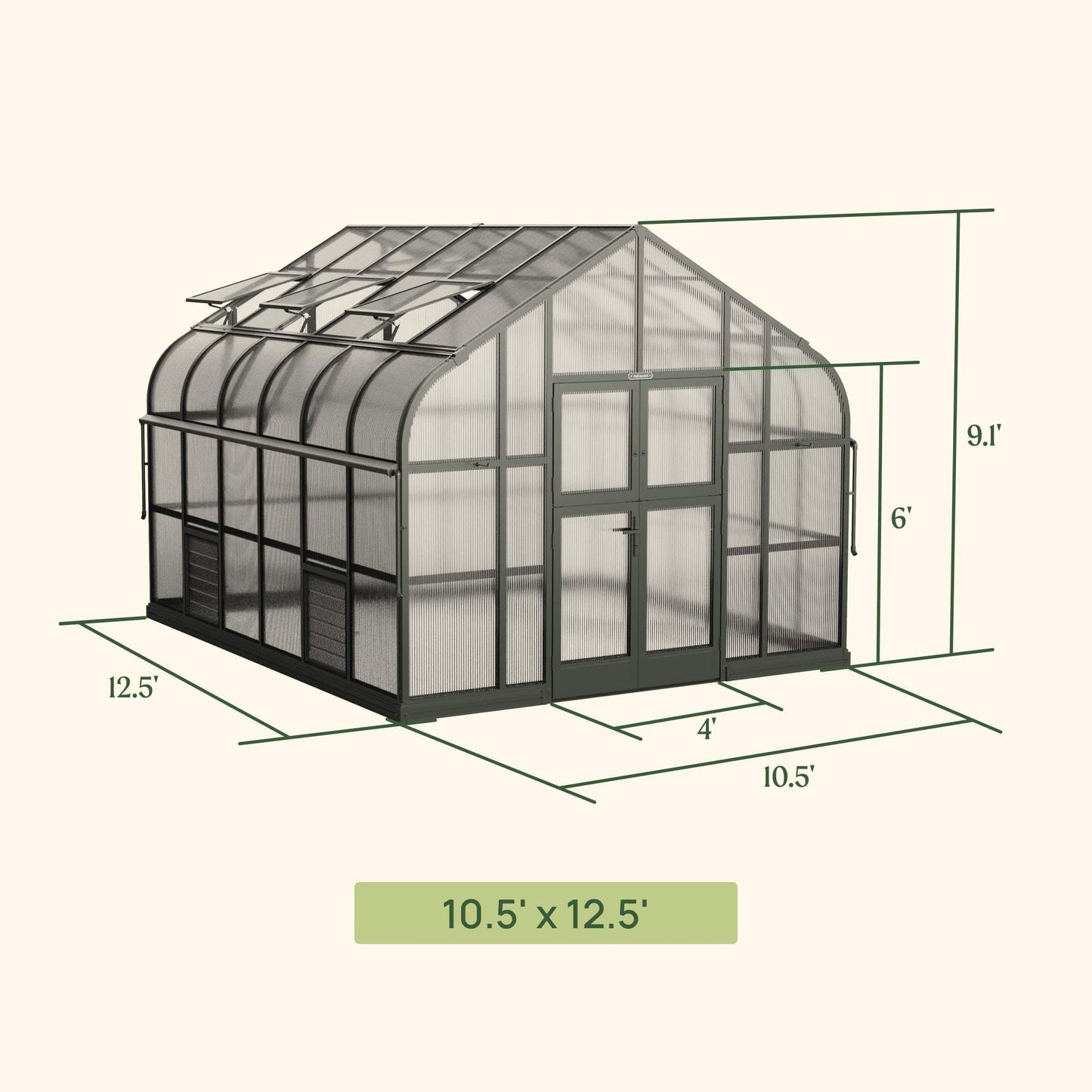 Large 10.5 ft wide greenhouse with glass panels, arched roof, and double doors set in a lush backyard garden