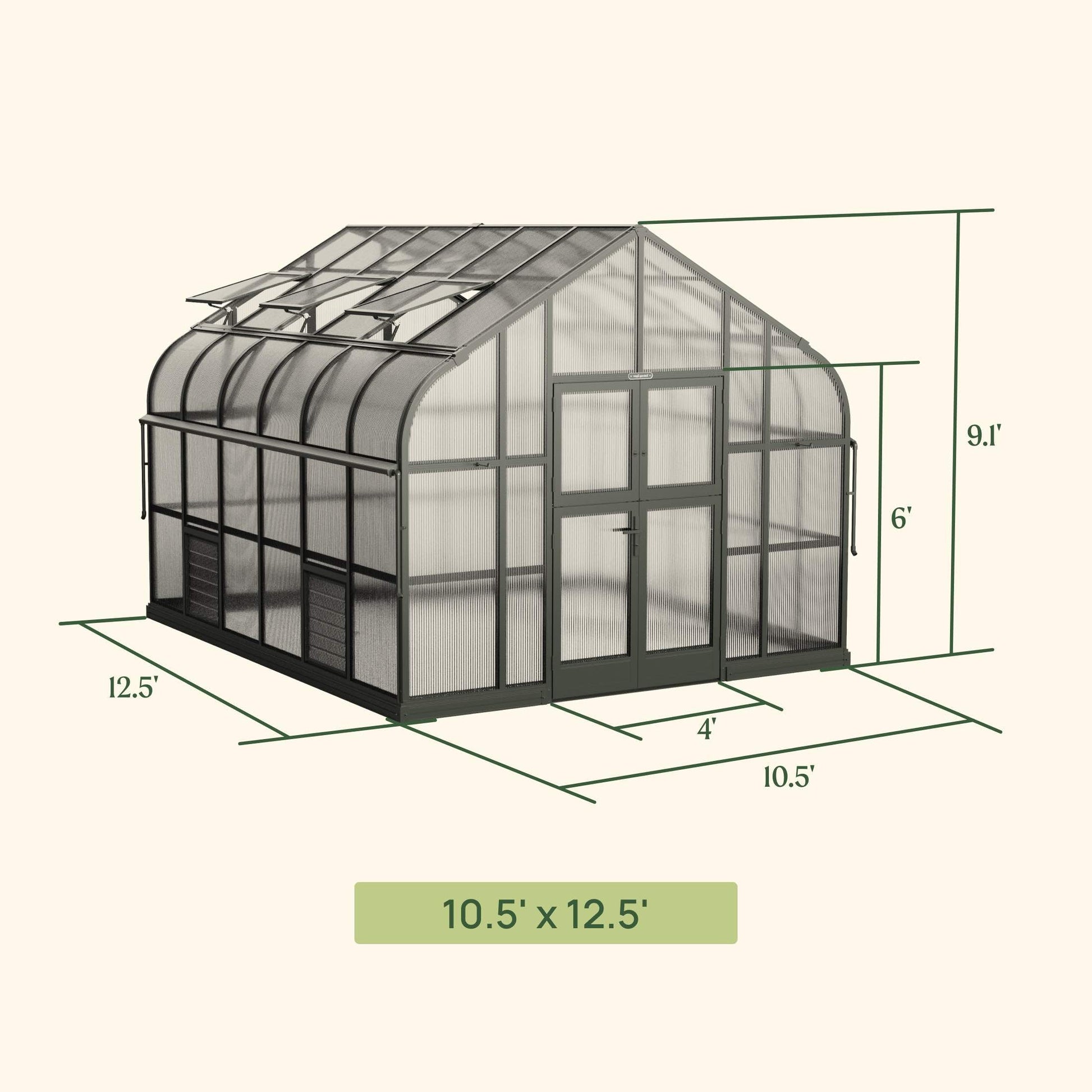 Large 10.5 ft wide greenhouse with glass panels, arched roof, and double doors set in a lush backyard garden