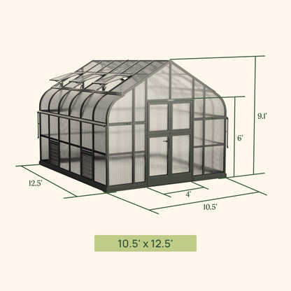 Large 10.5 ft wide greenhouse with glass panels, arched roof, and double doors set in a lush backyard garden