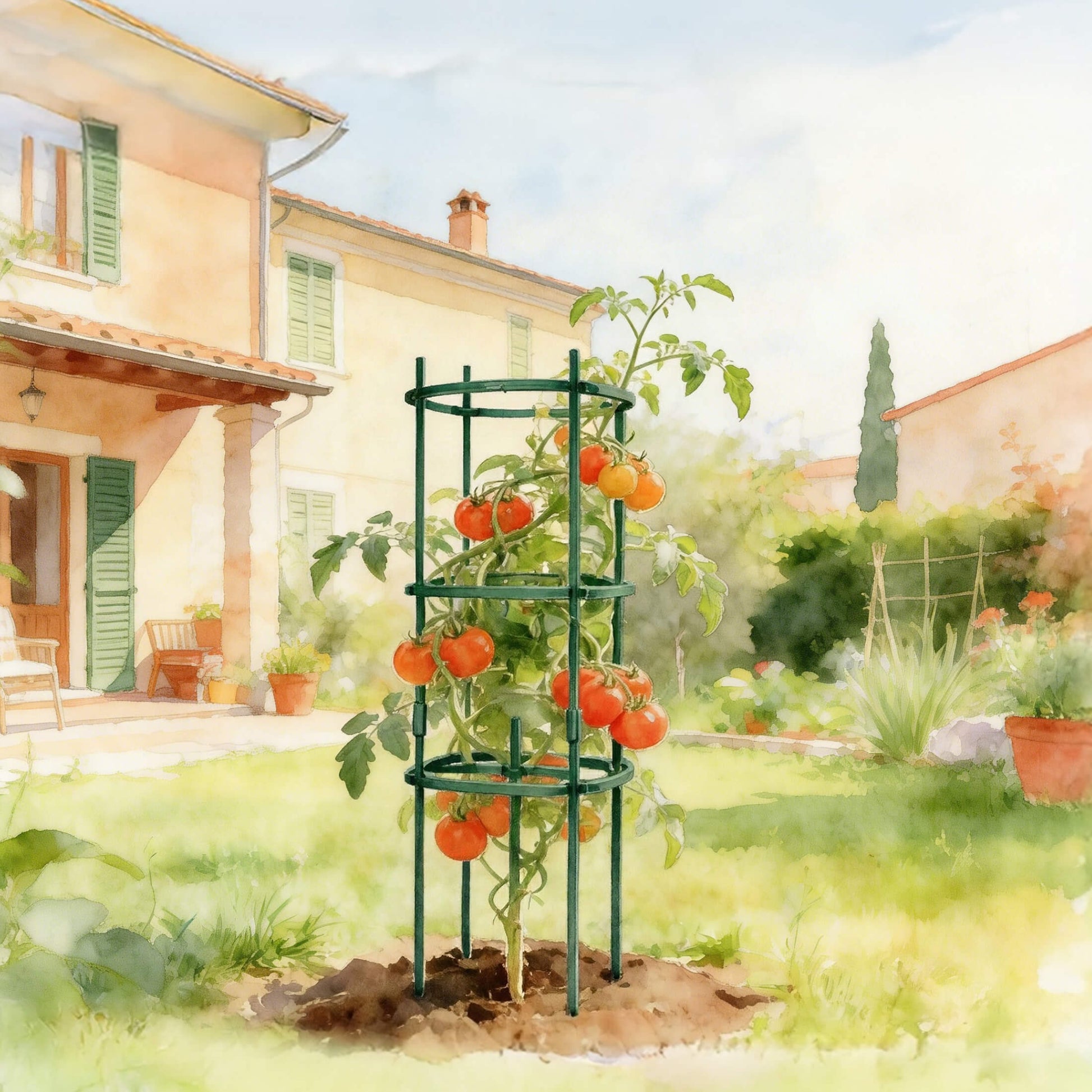 Three 6-tier metal tomato support towers set up in a garden with tomato vines climbing through each tier