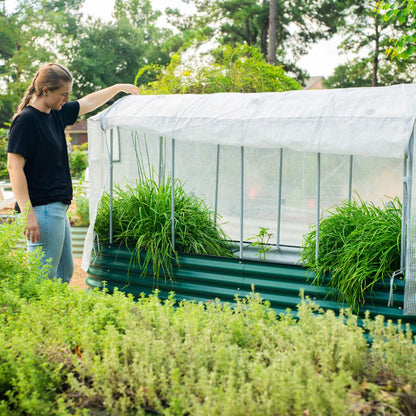 Frost protection cover with integrated trellis supporting climbing plants in a garden bed